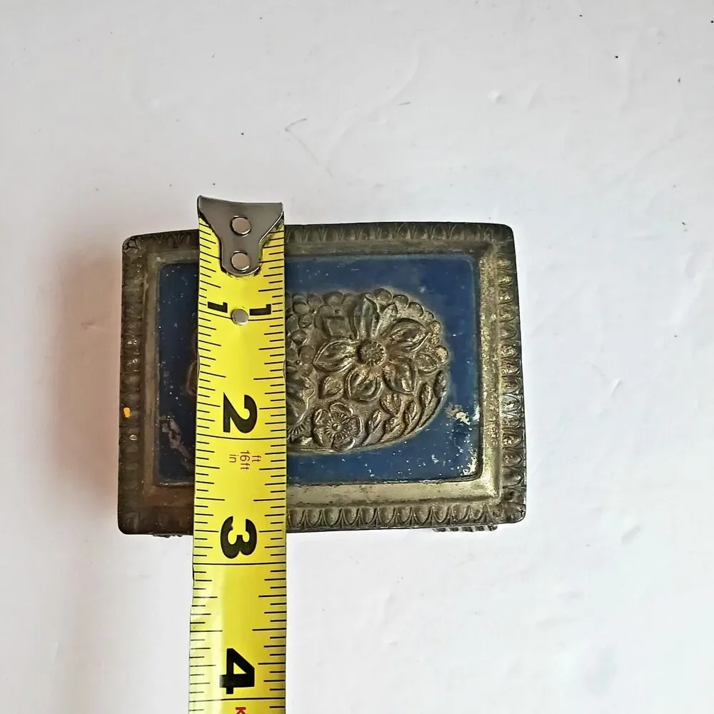 Silver Toned Footed Trinket Box Occupied Japan Blue Top Embossed Rose Vintage